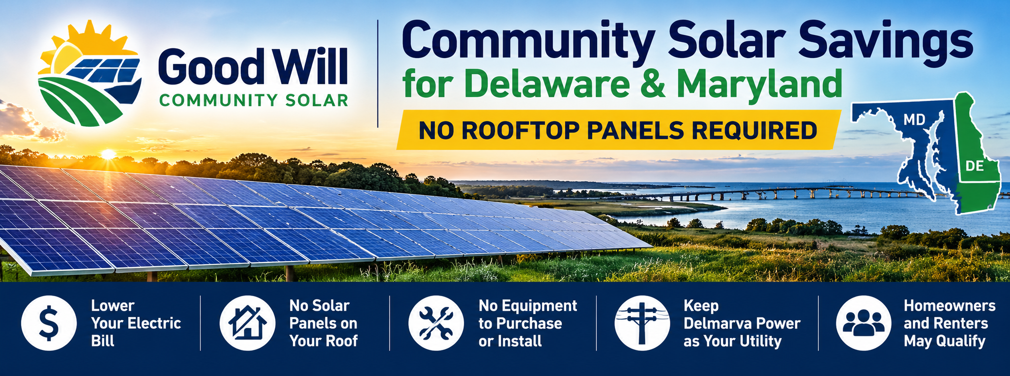 Good Will Community Solar banner showing a community solar farm, Delaware and Maryland, and benefits of community solar